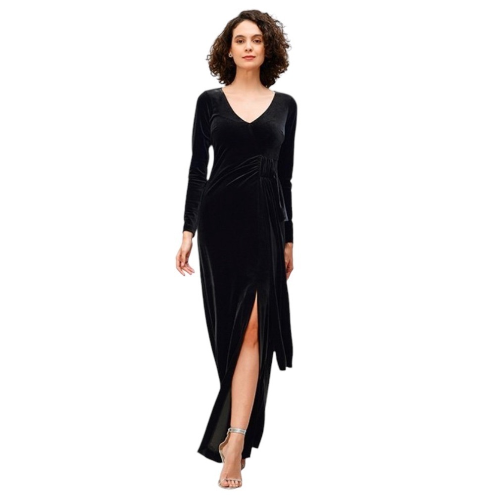 Aura Witchy Long Sleeve Black Velvet Maxi Dress Split Front Ruched Waist Sz L